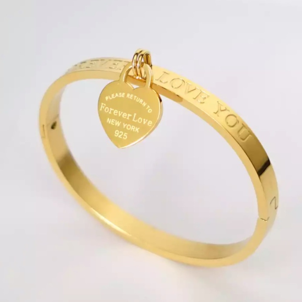 18k Yellow Gold Over Stainless Steel High-Polished “Love You Forever” Bangle!
